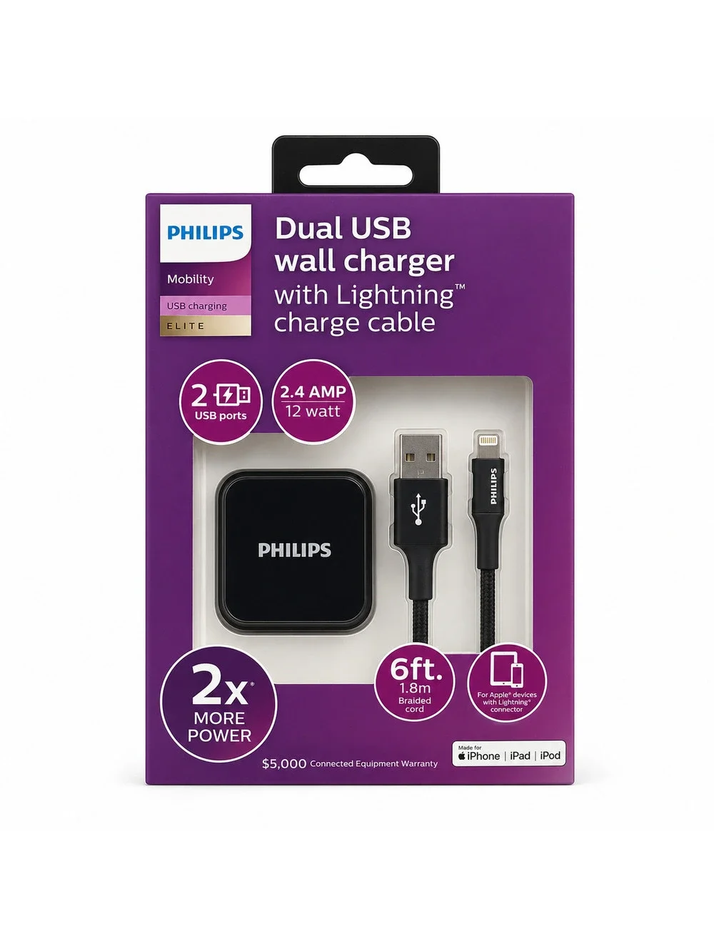 Philips Mobility Elite Dual USB Wall Charger with 6 ft Cable